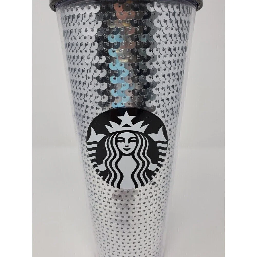 STARBUCKS VENTI ACRYLIC SILVER SEQUINS TUMBLER ICED COFFEE 24 FL OZ 2017 RETIRED
